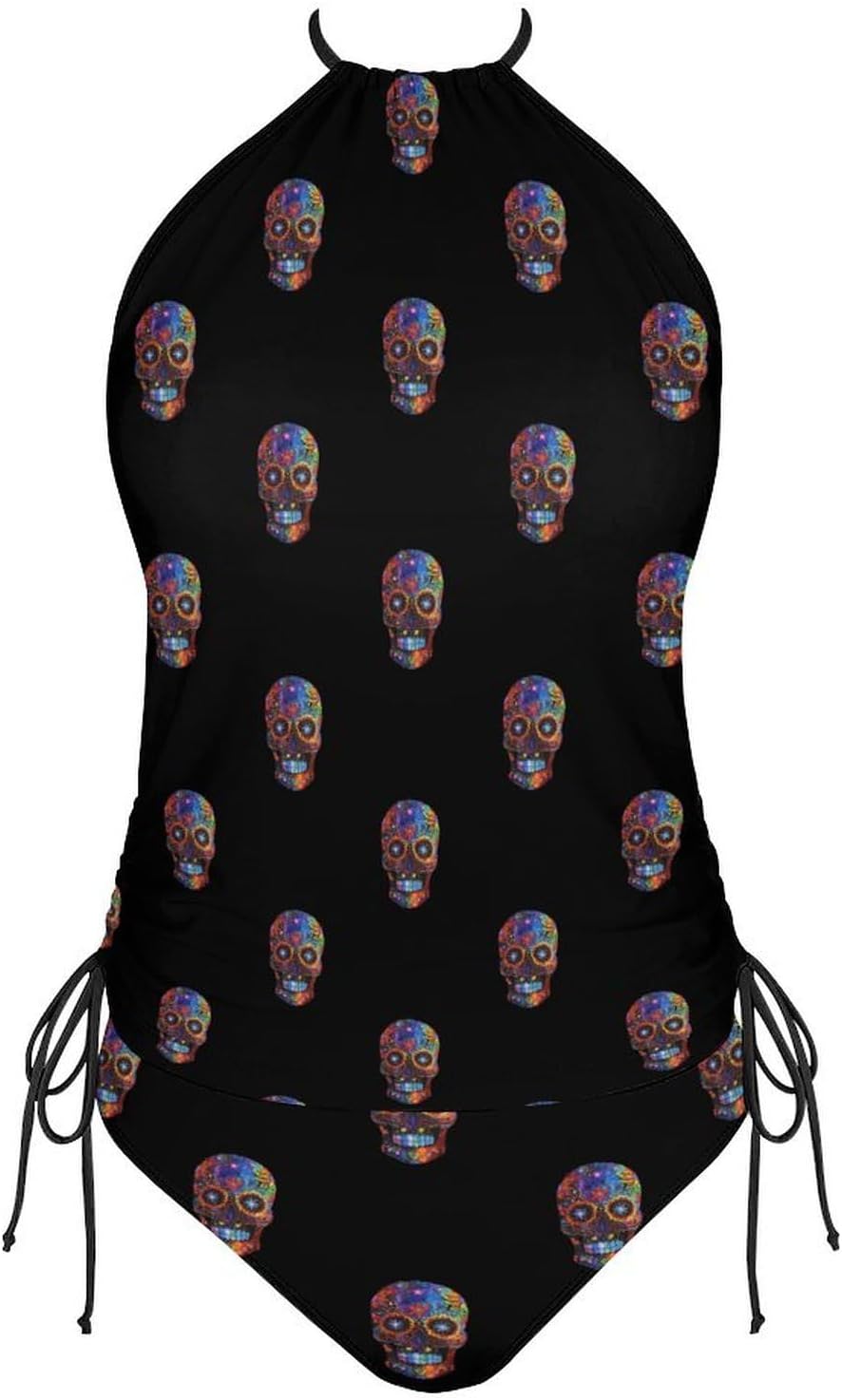 Mexicana Sugar Skull Women's Tankini Swimsuit Two Piece Tummy Control Bathing Suits Tie String Swimwear
