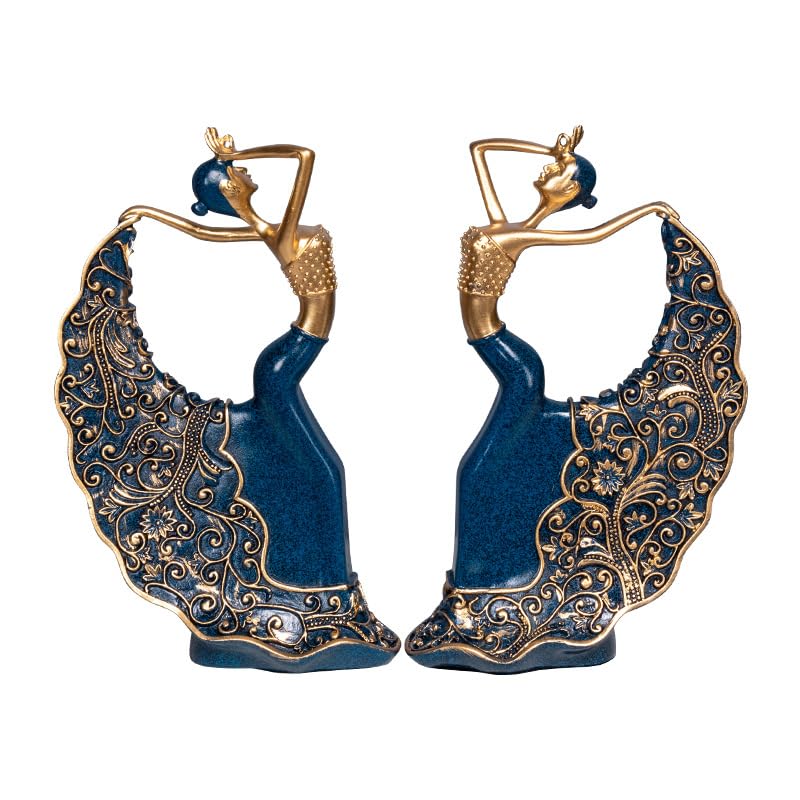 Peacock Dancer Statue Set of 2 Dancing Girl Sculpture Female Ballet Dancer Figurines Resin Dance Action Ornament for Table Bookshelf Modern Living Room Home Decoration, L
