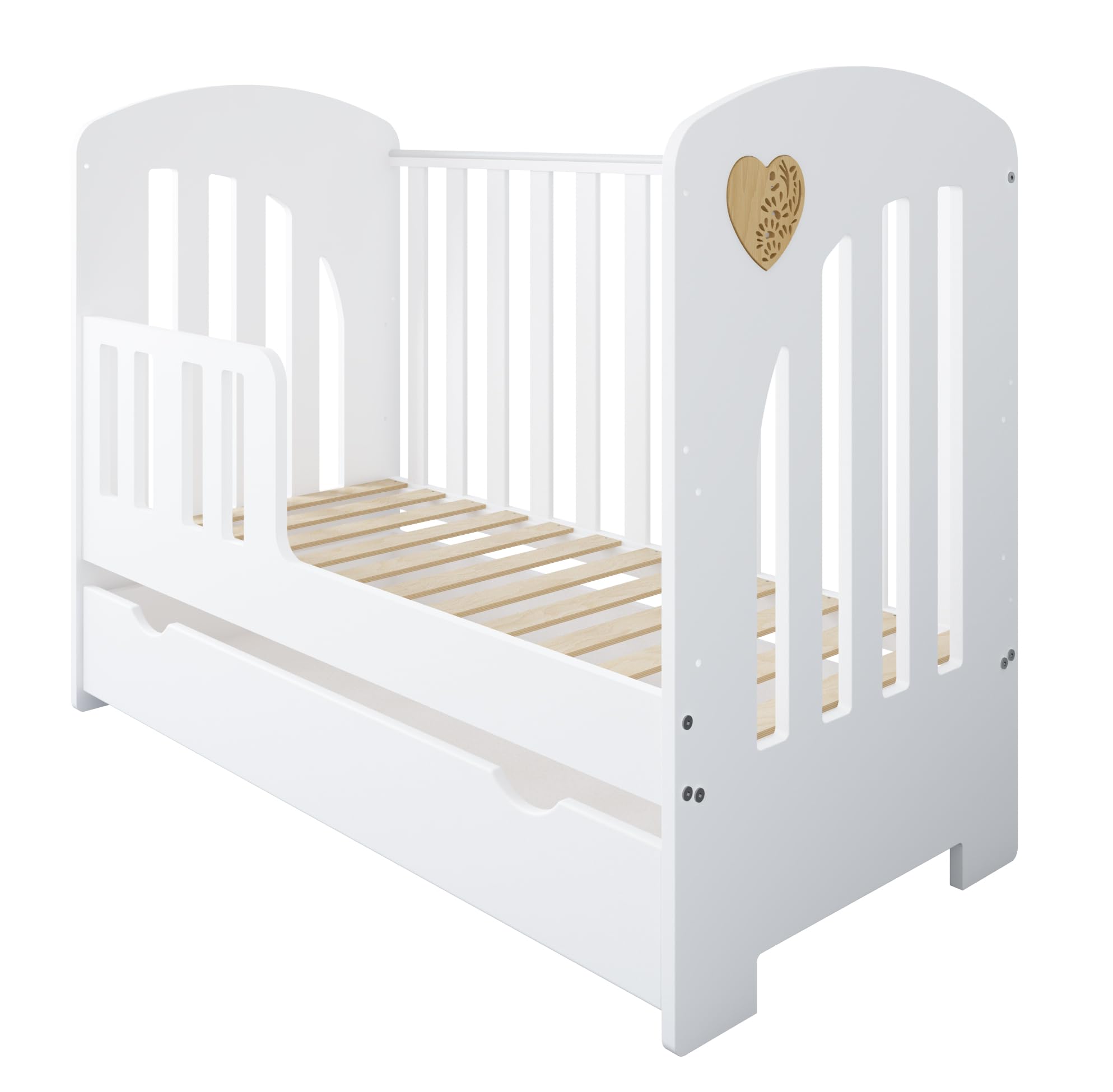 zee Heart Set Habitación Bebé Blanco 2 en 1, Cuna 120x60 cm con Cajón Convertible en Cama Infantil, Cómoda Cambiador con Cambiador, Diseño Escandinavo, Corazón Natural