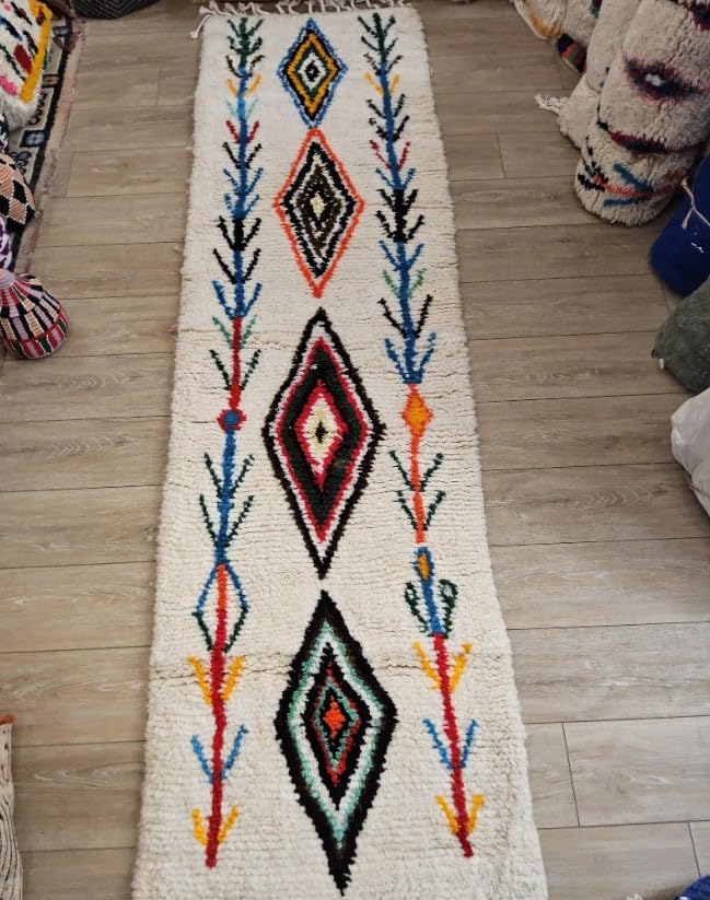 Générique Tifinagh Shop - Tapis Berbère Azilal Multicolore 255 x 71 cm - Authentique Tapis Marocain Fait Main en Laine - Motifs Traditionnels - Pièce Unique