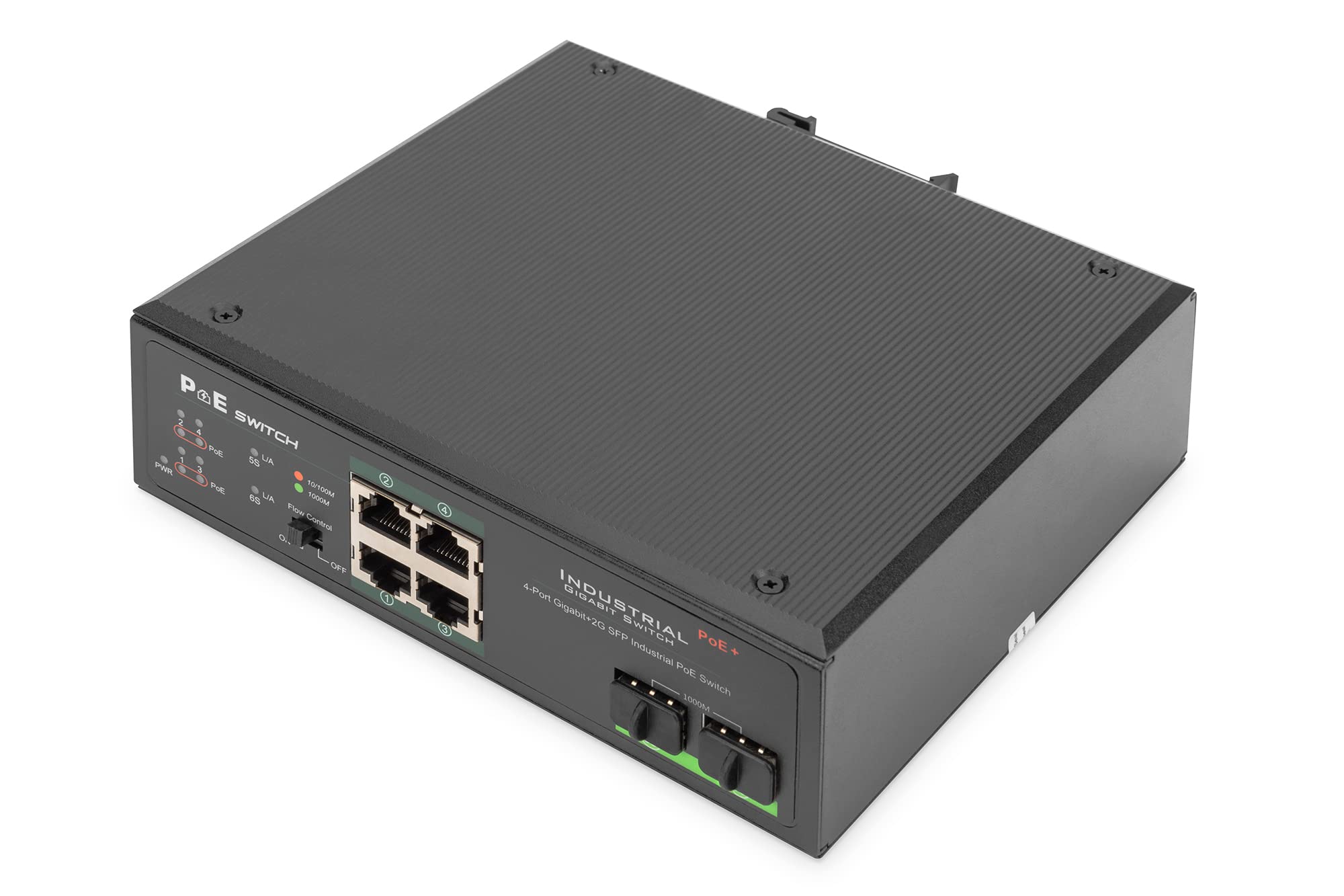 DIGITUS Industrieller 4-Port Gigabit PoE+ Switch mit 2 x SFP Uplink