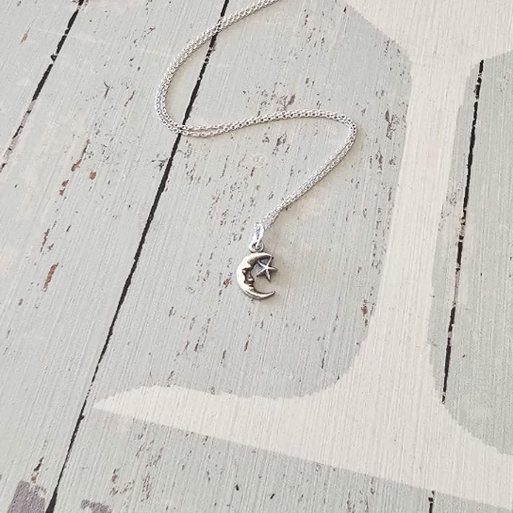 Sterling Silver Tiny Crescent Moon and Star Charm Necklace, 18" - Image 3