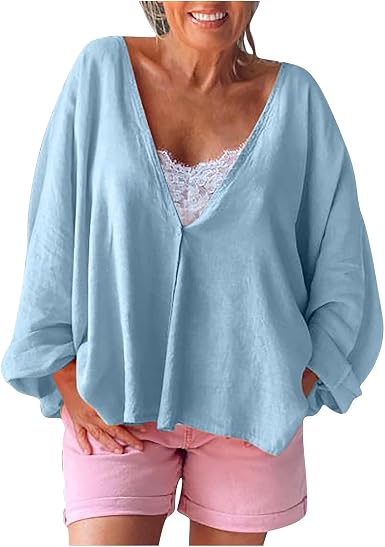 Amazon.com: Camisetas de verano para mujer, tallas grandes, camisas de  color puro con un solo botón, cuello en V, manga larga, blusa de algodón y  lino : Ropa, Zapatos y Joyería