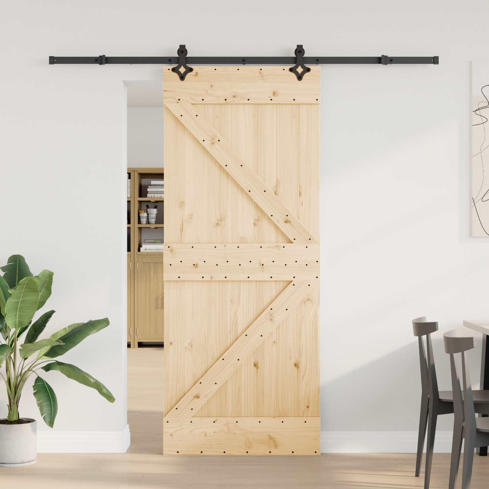 Porta scorrevole in legno di pino, 85 x 210 cm, divisorio con binario in acciaio verniciato a polvere, porta scorrevole salvaspazio per interni