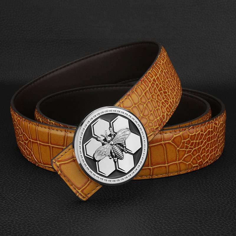 Genericbee buckle Designer G Belts For Men belt Leisure cintos masculinos Round buckle Crocodile Grain Waist Strap (Brown silver buckle, 105CM)