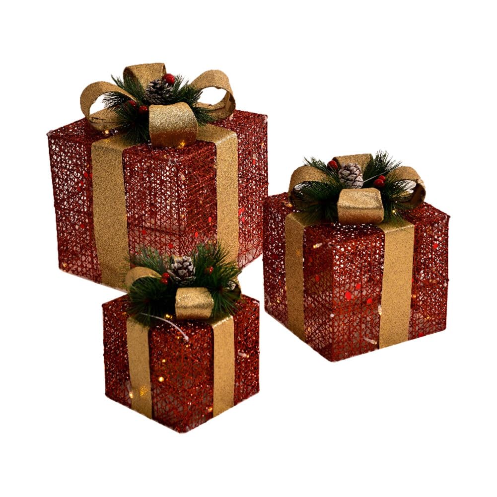 Garden Mile LED Geschenkboxen Mit Lichterkette – 3-teilig, Batteriebetrieben, Goldfarben, Für Weihnachtsdekoration