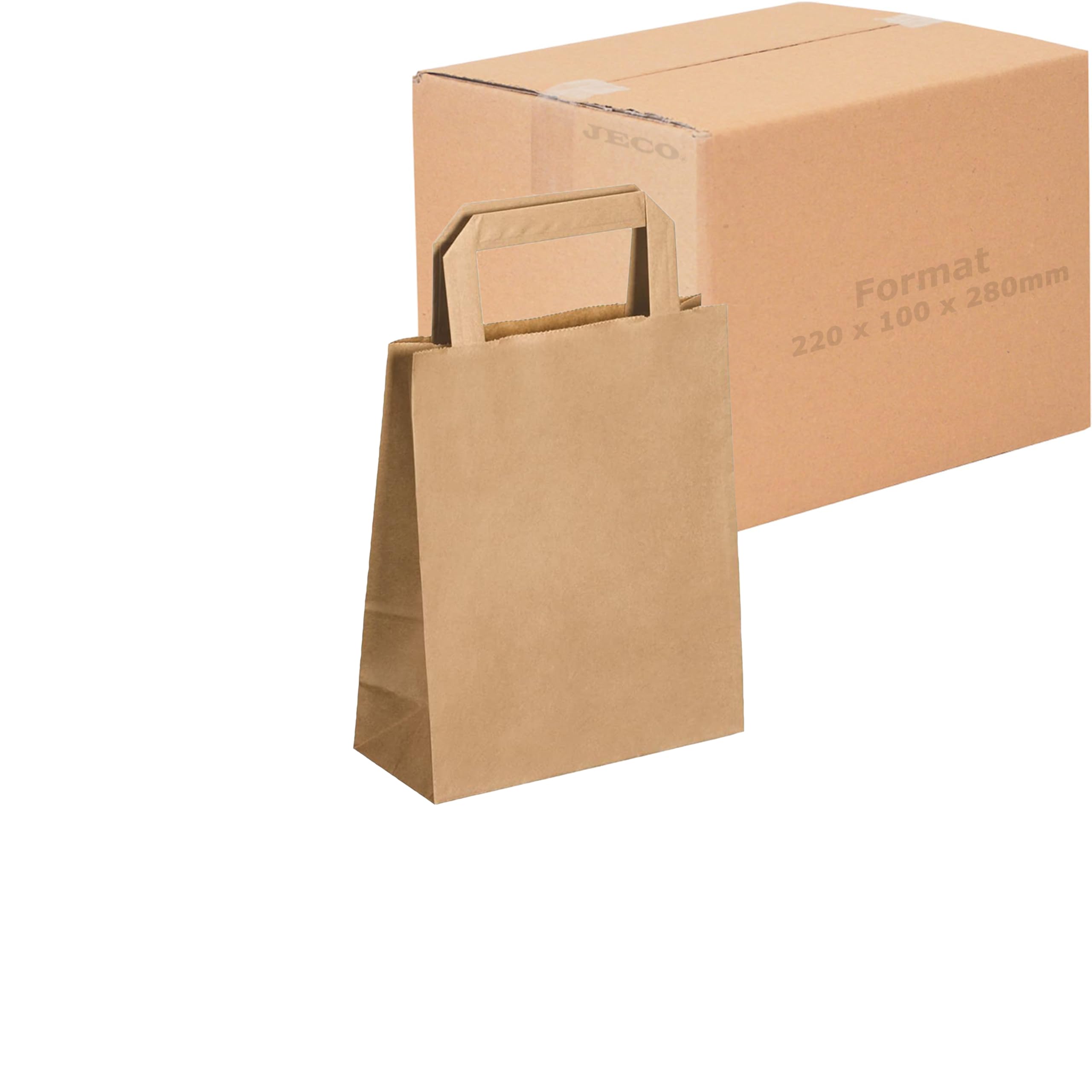 JeCo - Lot de 100 Sacs Cabas en Papier Kraft Brun avec poignée Plate 220 x 100 x 280mm 6 litres résistant Papier 80g/m² Sac Marron Havane Vente à emporter Emballage Commerce Sac Cadeau