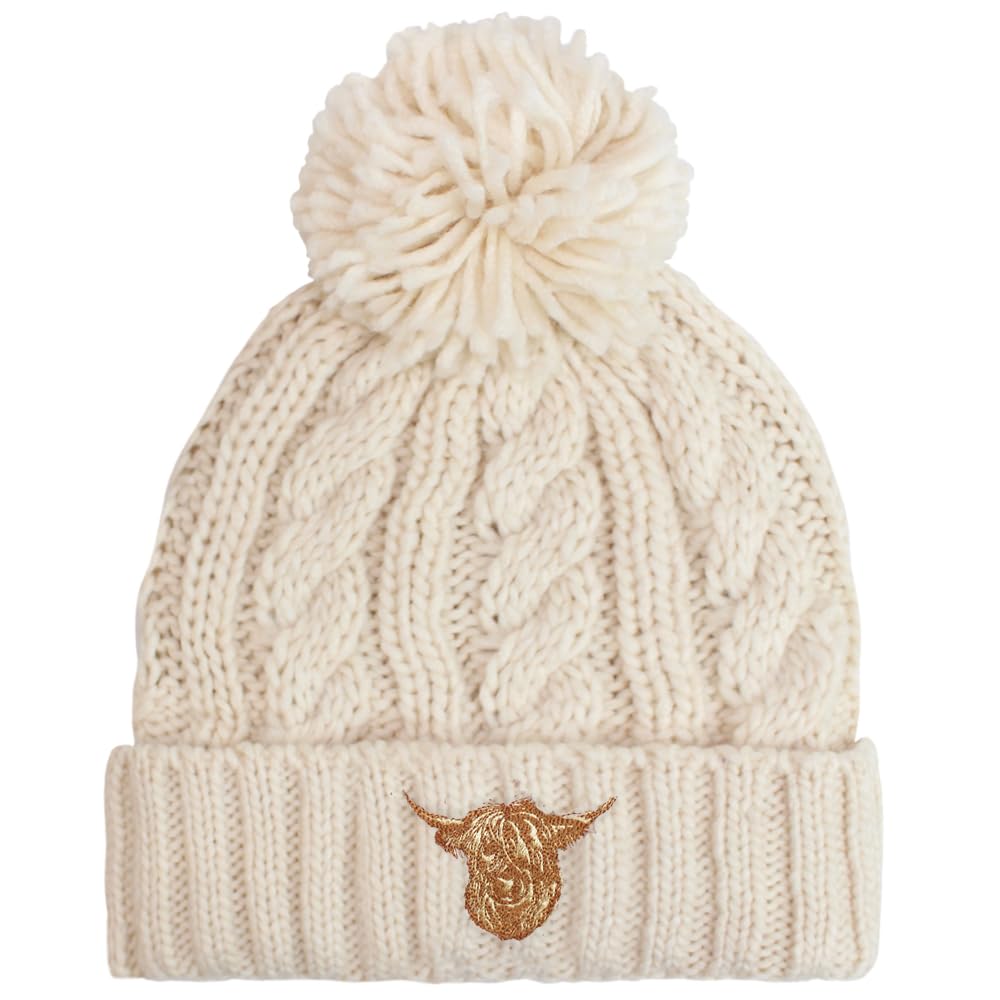 Teddyt's Women's Cream Highland Cow Cable Bobble Hat