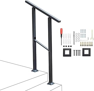 Handrails Stair Railing for Outdoor Steps - 2 Steps Wrought Iron Hand Rail 2Ft Metal Handrail Kit Exterior Porch Railing for Concrete Brick Wood Stone Step (Black, 1-2 Step Handrail)