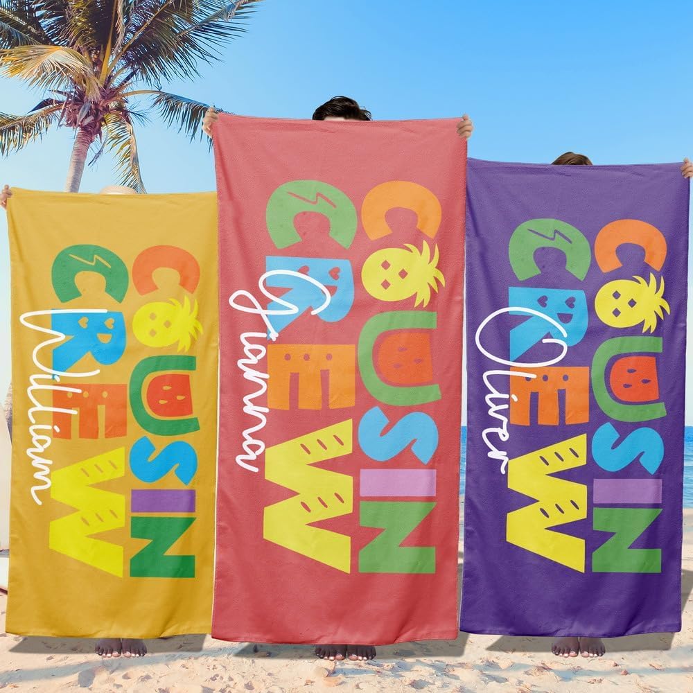Loosusu Personalised Beach Towels for Kids - Custom Cousin Crew Beach Towels with Monogram & Name- Sand Free Quick Dry Swim Towels for Kids,Customised Bath/Pool Towel for Boys Girls(36 colors)