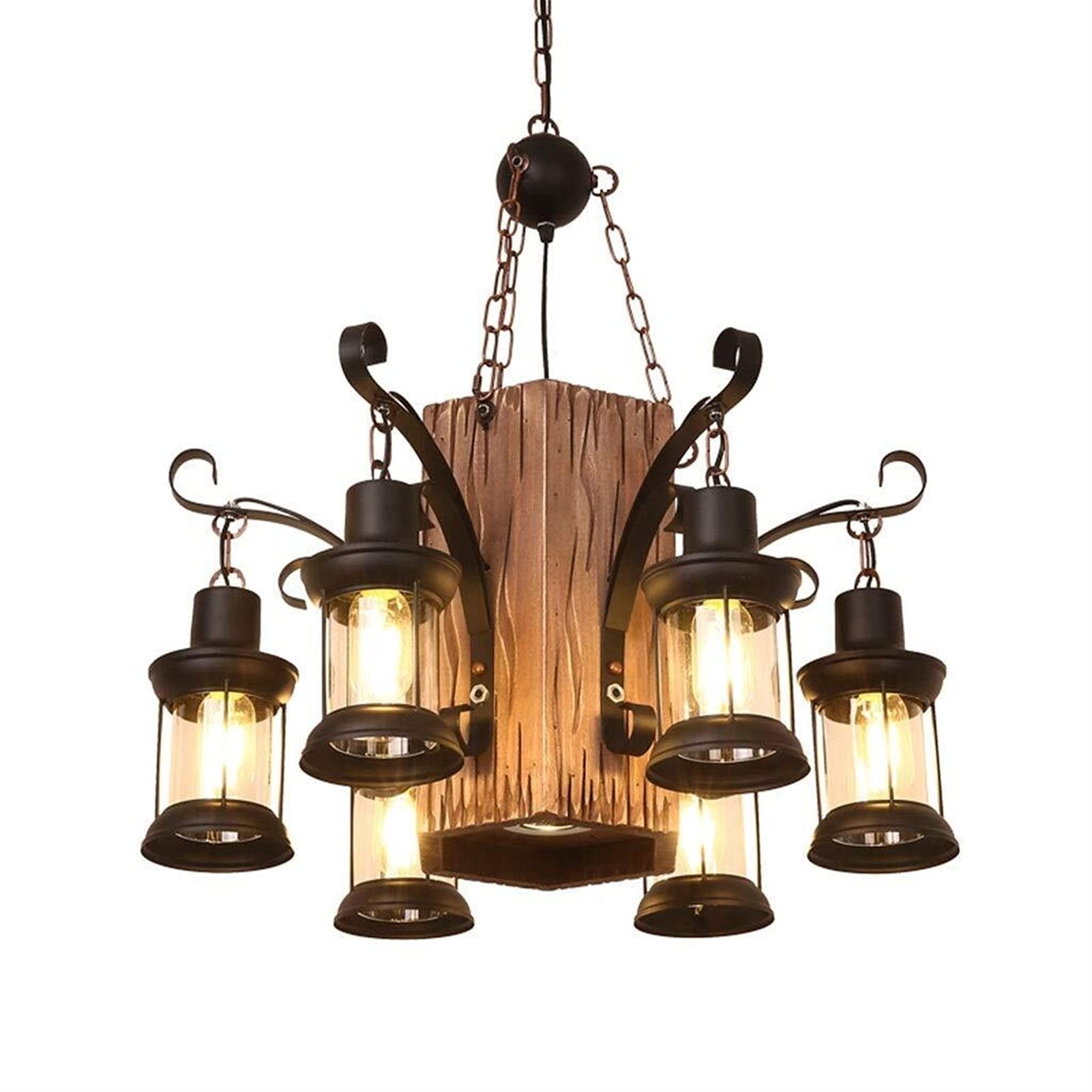 Lampadario in legno nero, ferro battuto, molteplici teste, illuminazione decorativa, illuminazione per terrazze, illuminazione a sospensione per caffè, balconi e bar.