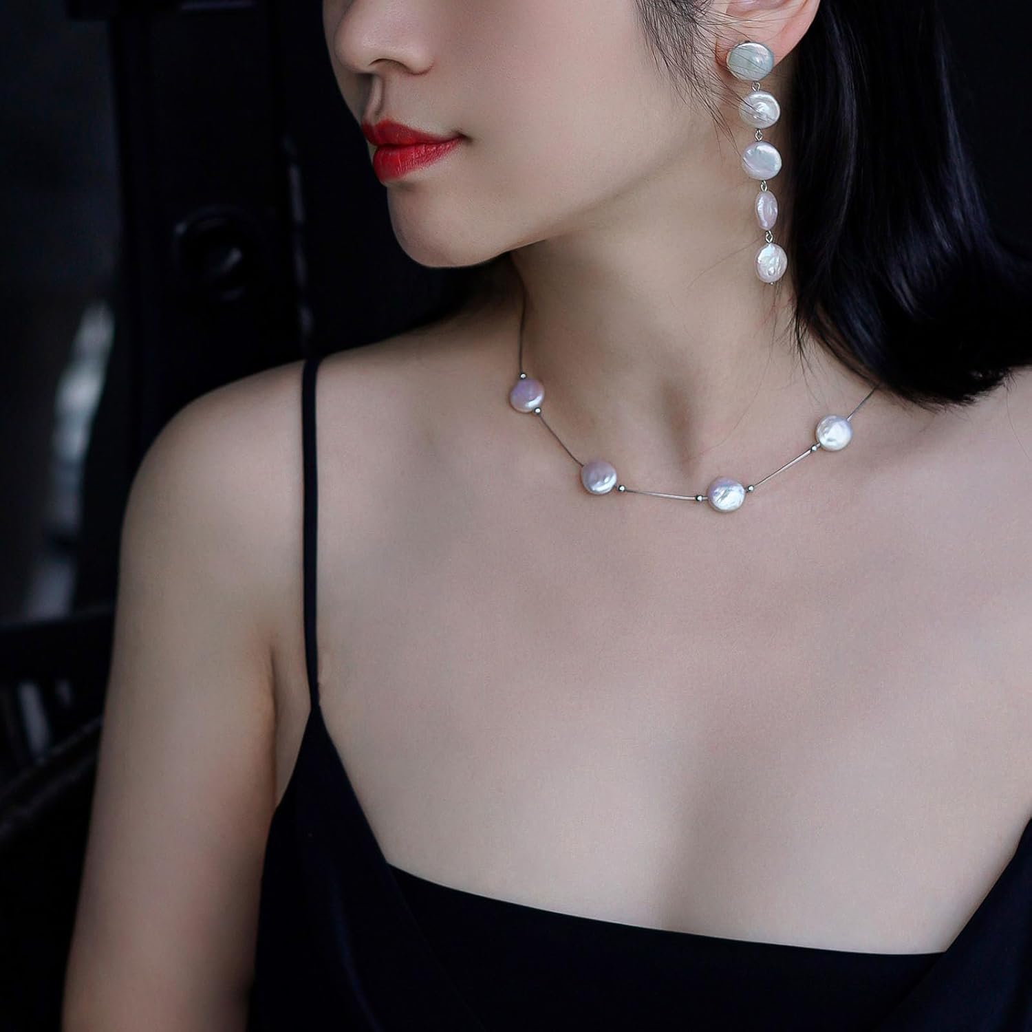 Natural Freshwater Pearl Necklace, Sterling Silver Chain, Petal Shape Choker, 5-Pearl Handmade Design