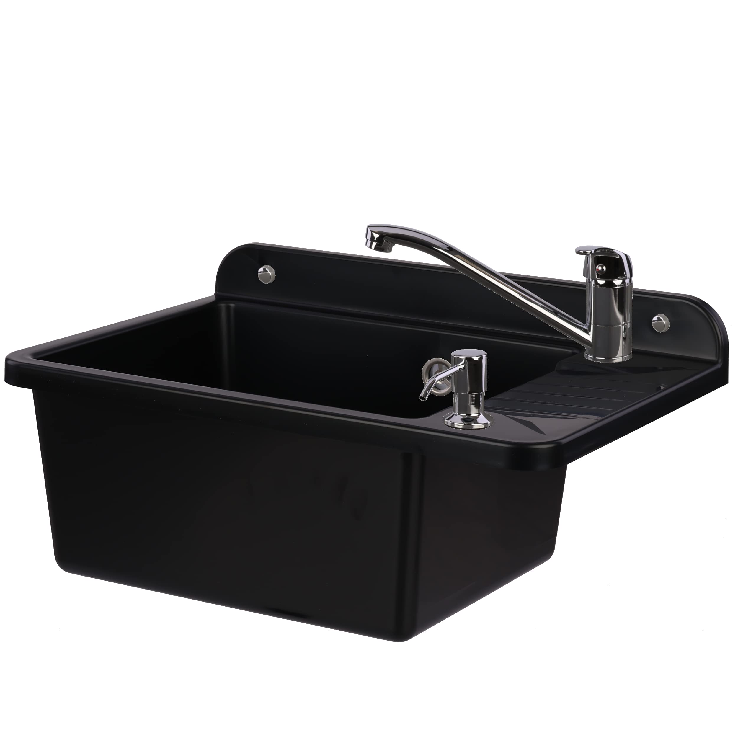 Umywalka z wylewem 51 cm, czarny, granit, polistyren, zlewozmywak z obrotową armaturą, koryto z przelewem, dozownik mydła, syfon, umywalka ścienna