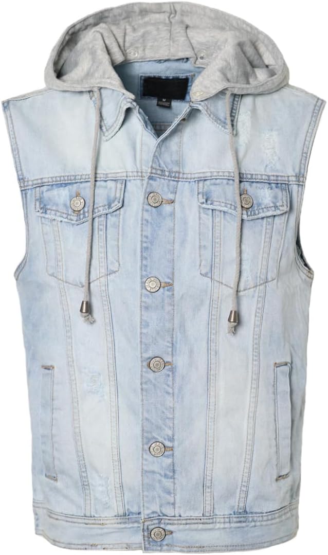 URBANJ Men's Hooded Denim Vest Sleeveless Jean Jacket