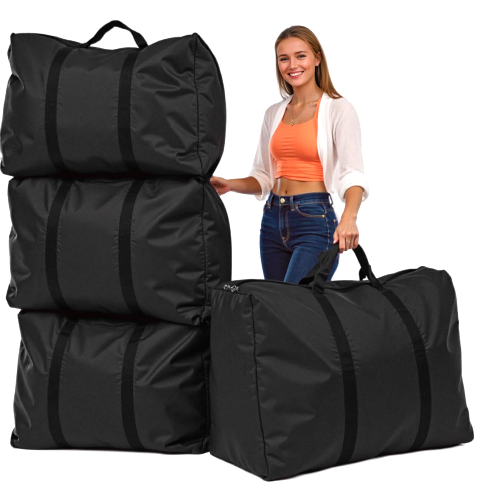 4er-Pack Umzugstaschen mit Reißverschluss und durchgehenden Griffen, robuste Aufbewahrungsbeutel für Umzug/Kleidung/Schuhe, platzsparend, faltbar, Organizer für Haushalt, Uni, Wohnung, Reisen