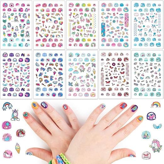 Generic Unicorn Nail Stickers - 12 Sheets 3D Self-Adhesive DIY Nail Art Decoration Set - Multicolour Floral & Cartoon Patterns - Non Toxic Peel & Stick - For Nails-picture-34