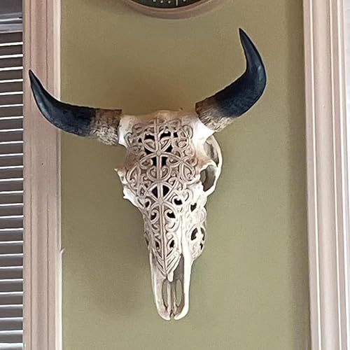 Miniatura 7 de OTARTU Escultura para colgar en la pared, diseño tribal blanco, calavera de cuerno de vaca de 19 pulgadas, decoración de pared (blanco)