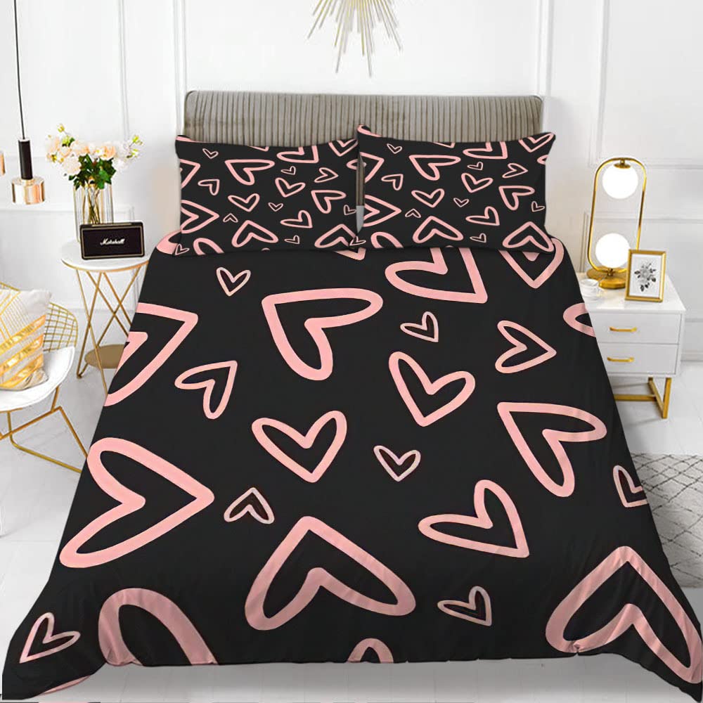 Beddengoed 200 x 220 cm, zwart liefde, zachte microvezel dekbedovertrek met ritssluiting, ademende dekbedovertrekken en 2 kussenslopen 80 x 80 cm, voor kinderen, volwassenen en jongeren