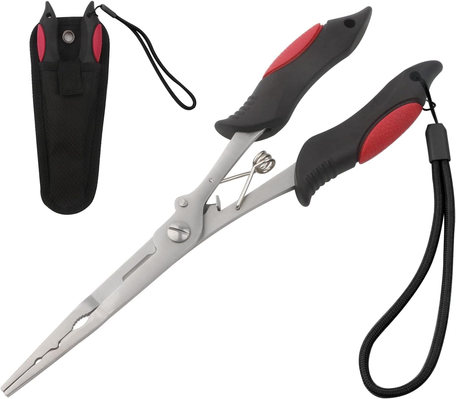 Fishing Pliers Long Nose Stainless Steel Fish Hook Remover Braid Cutters Split Ring Fish Pliers with Lanyard Fish Holder Ice Fly Fishing Gear Freshwater Saltwater Fishermen Gift (Red - 8.6 inch)