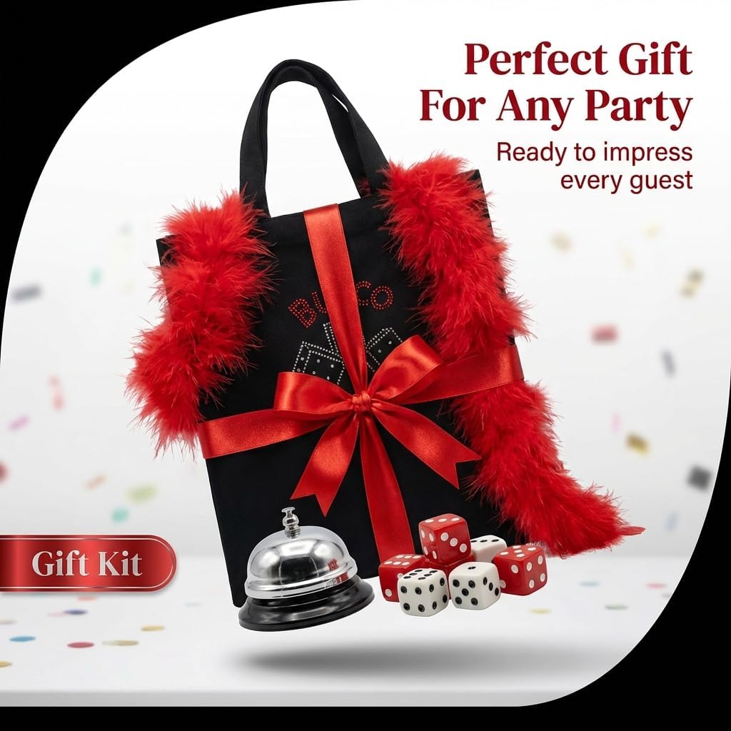 Bunco Game Kit for 16 Players with Black Rhinestone Tote – Complete Bunco Set with Dice, Table Number Stands, Bell, Score Sheets, Pencils & Red Feather Boa – Premium Bunco Party Kit