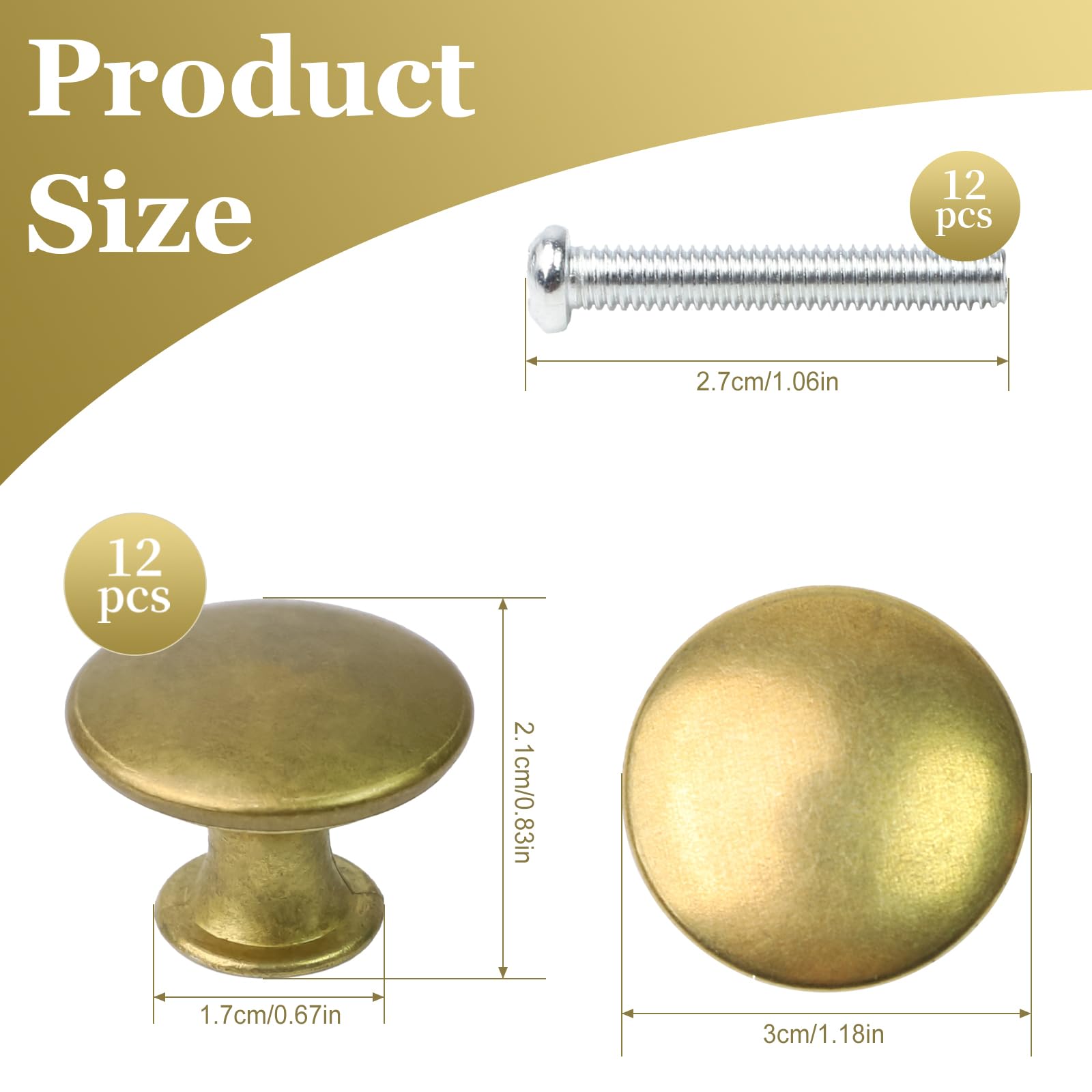 Parastar 12 PCS Antique Brass Door Handles, Round Brass Cupboard Handles with Screws, Vintage Door Knobs 3 * 2.1 CM - Image 2