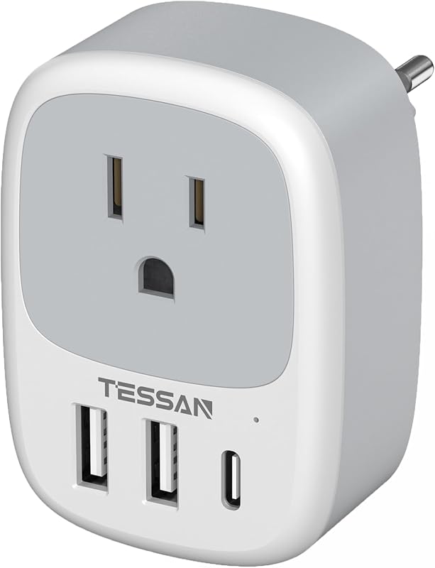 TESSAN European Travel Plug Adapter, Type C Plug | 3 USB Ports (1 USB C), International Outlet Charger, US to EU Iceland Spain Italy France Germany