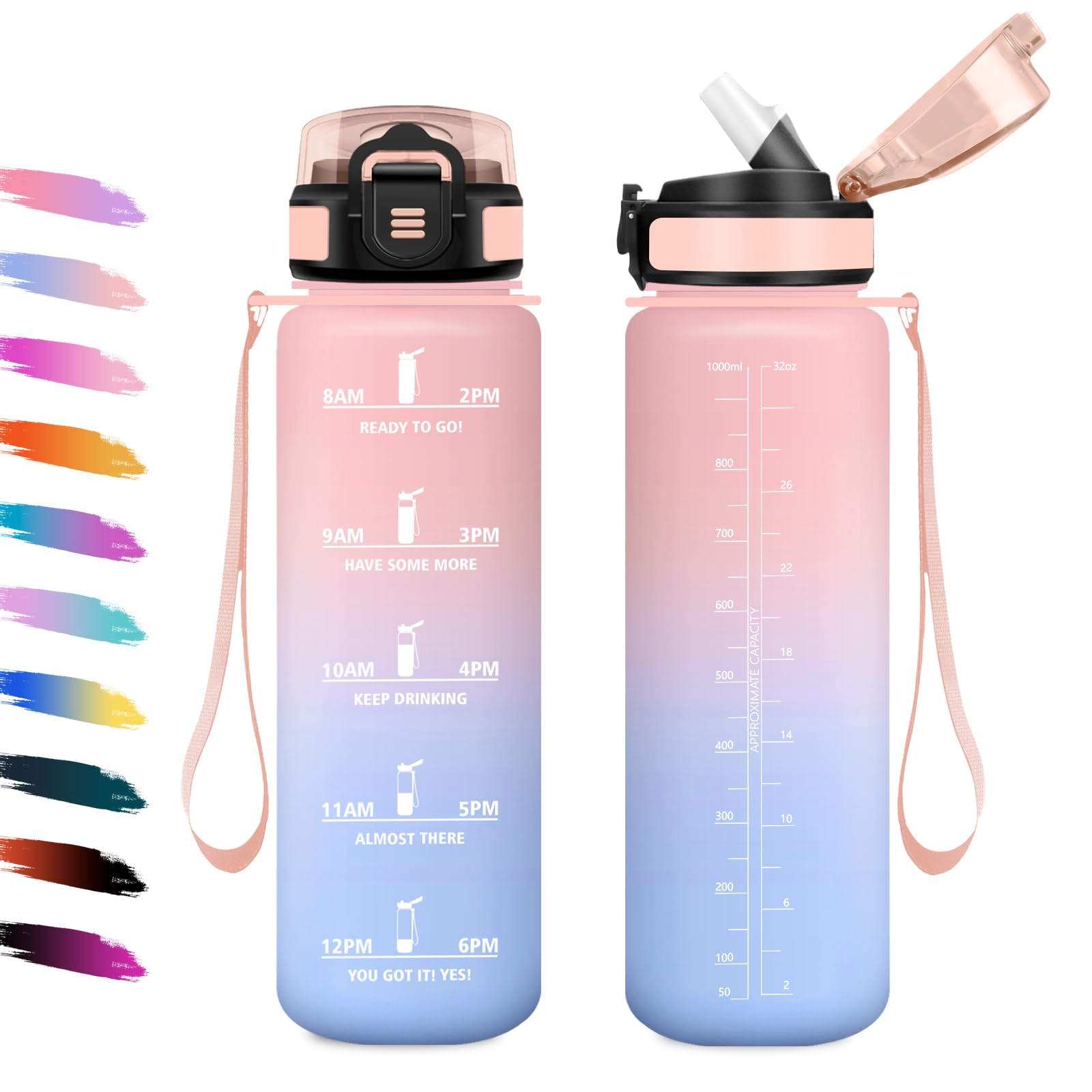 Borraccia 1L, Bottiglia Sportiva con Cannuccia, a Prova di Perdite, Bottiglia Acqua Sportiva con Indicatore del Tempo, Motivazionale Borraccia per Yoga, Escursionismo, Campeggio, Ciclismo, Lavoro