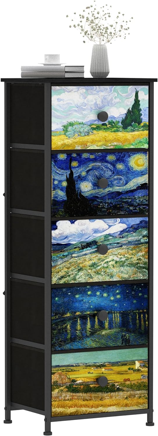 Cassettiera con cassetti in tessuto, stile Van-Gogh, sottile, per camera da letto, armadio, corridoio, soggiorno, cameretta (5 cassetti)