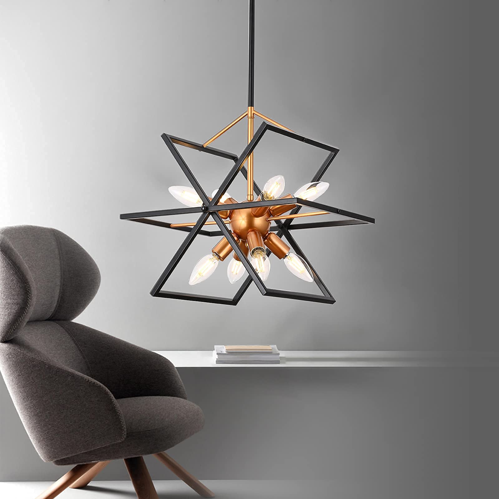 TEMINBU Rustic Small Metal 8 Light Chandeliers,Geometric Lantern Vintage Black and Gold Lighting Fixture, Farmhouse Pendant Light for Dining Room Kitchen Island Entryway Hallway Foyer