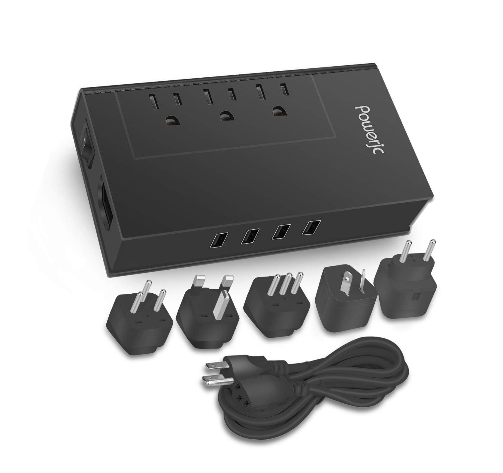 Powerjc Travel Voltage Converter Power Adapter Step Down 220V to 110V Rated Power 1875W with 4 Smart USB Charging Ports ETL for Hot Air Brush and Hair Dryer Black