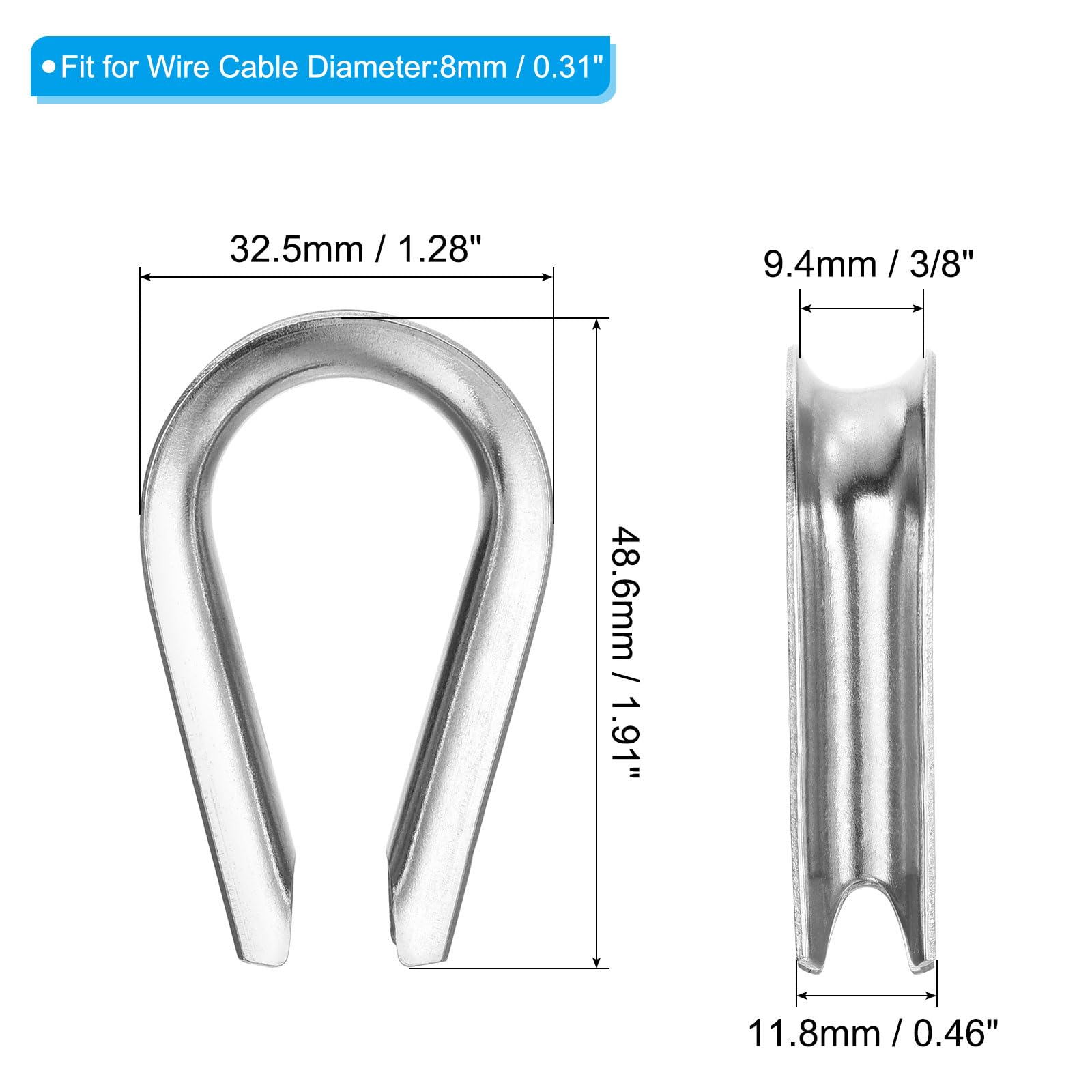 PATIKIL Cosse de Câble en Acier Inoxydable 304 de 8 mm (5/16 Pouce), Lot de 4 Cosses de Câble pour Gréement de Bateau