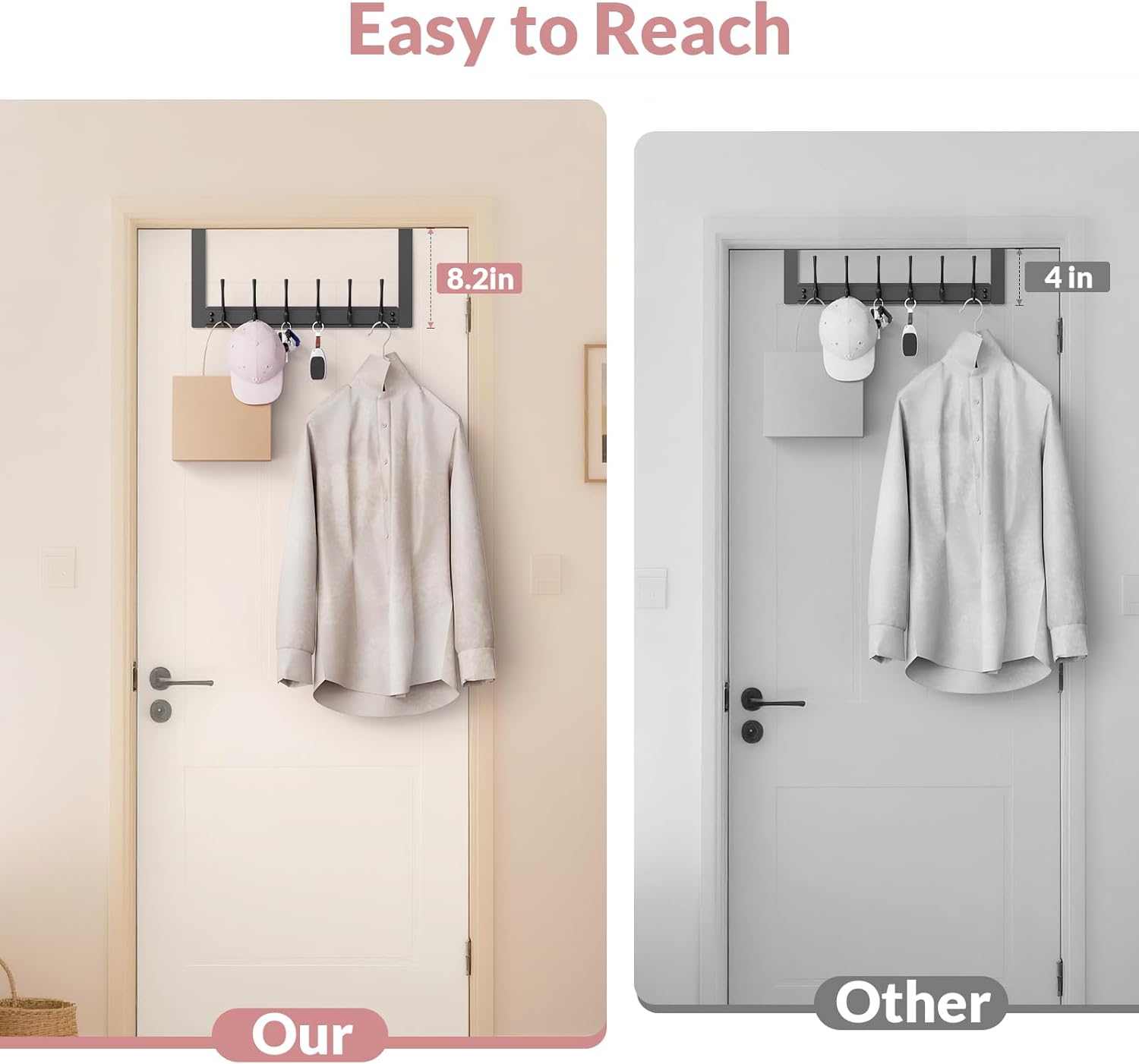 BAKON Over The Door Towel Rack with 6 Hooks, Heavy Duty Over Door Hooks for Hanging Clothes Coat Hat Jacket, Door Hanger Home Organizer for Bathroom Closet Bedroom Kitchen (1, Black)