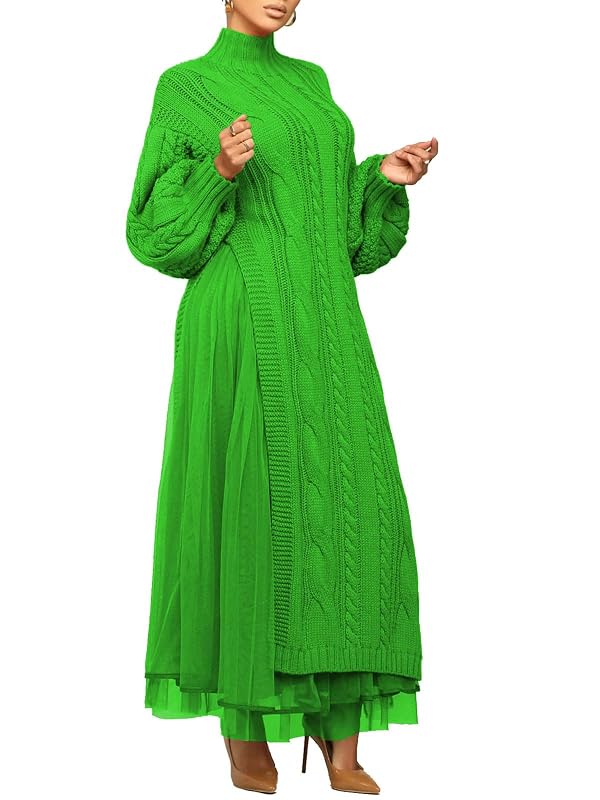 KANSOON Fall Outfits for Women Long Sleeve Turtleneck Sweater Matching Maxi Tulle Skirt Set 2 Piece Green M by KANSOON - Used condition - US$18.53
