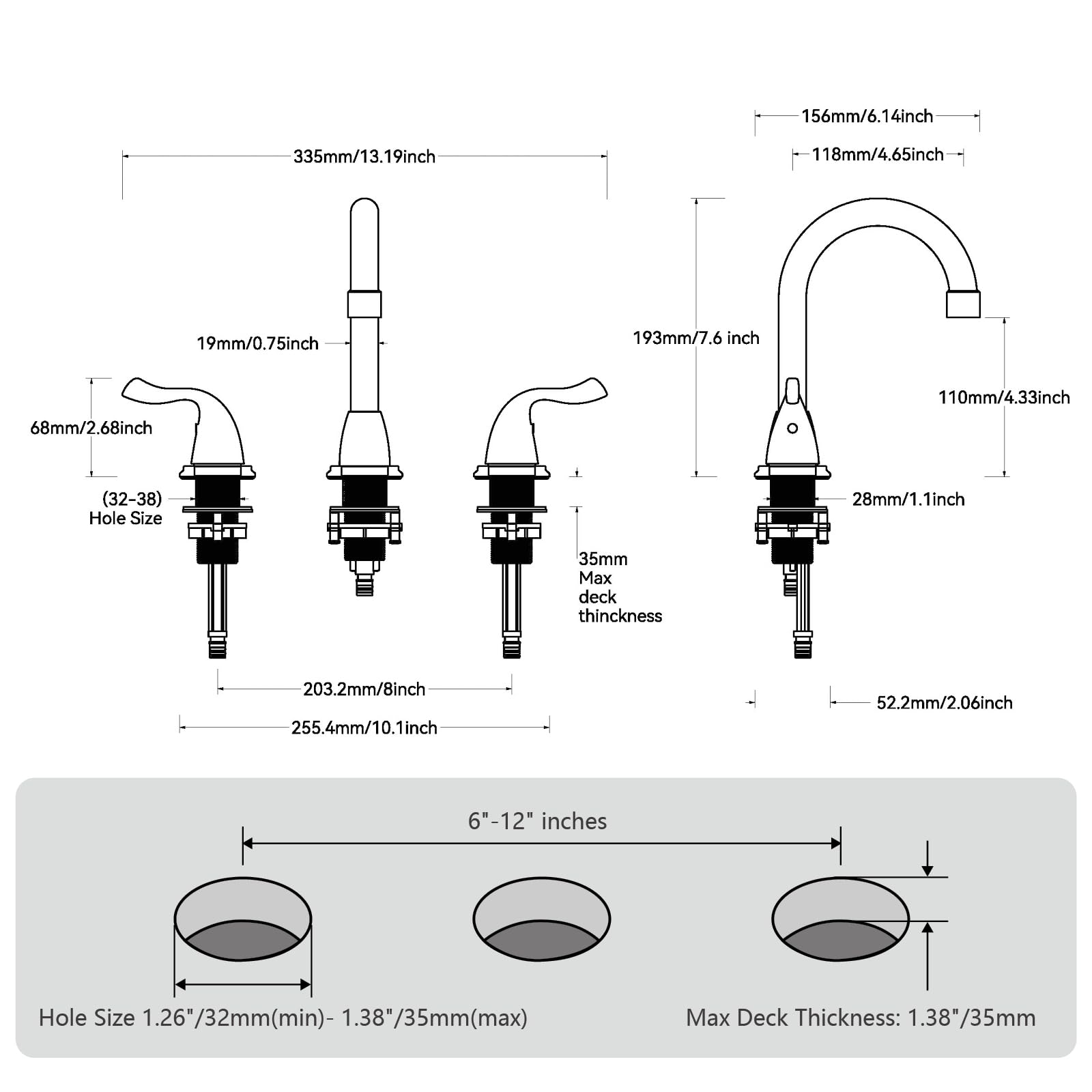 RKF RKF03011 - Grifos de baño para fregadero de 3 agujeros cromados pulidos de 8 pulgadas con desagüe de doble palanca, grifo mezclador de lavabo con manguera y cubierta