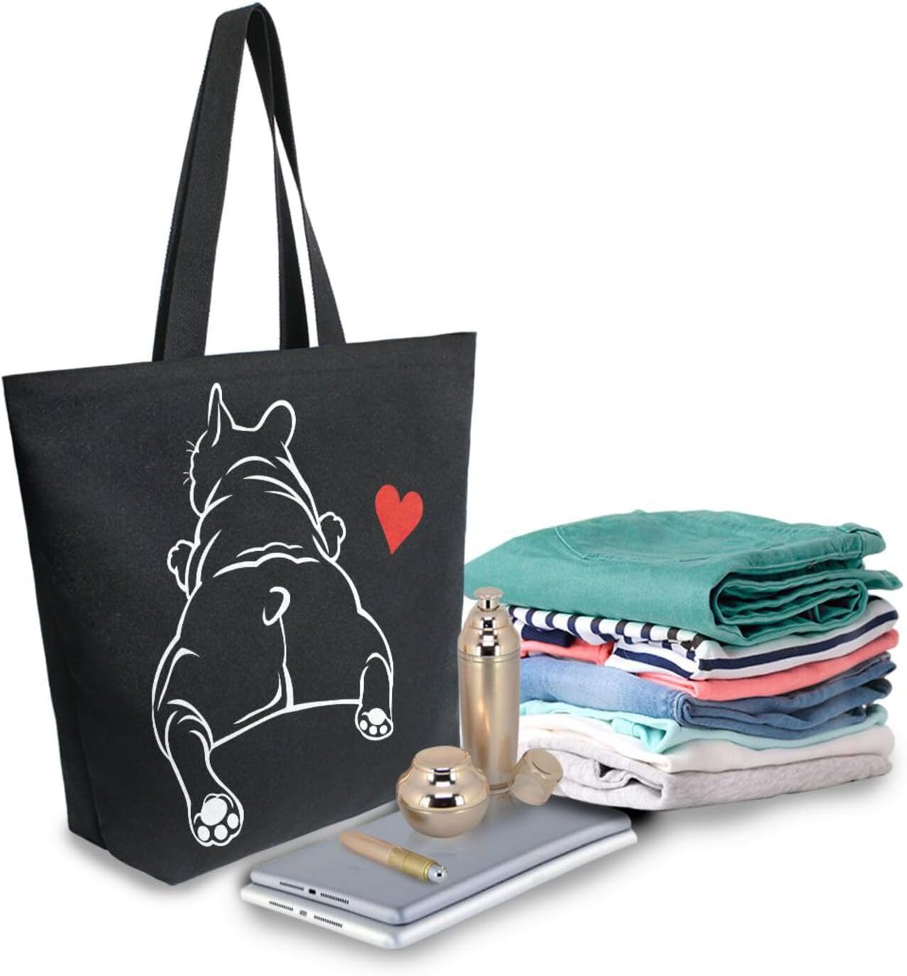 ALAZA Funny Bulldog Puppy Dog French Large Canvas Tote Bag Reusable Grocery Shopping Bag with Handles, Heavy Duty, Washable - Image 4