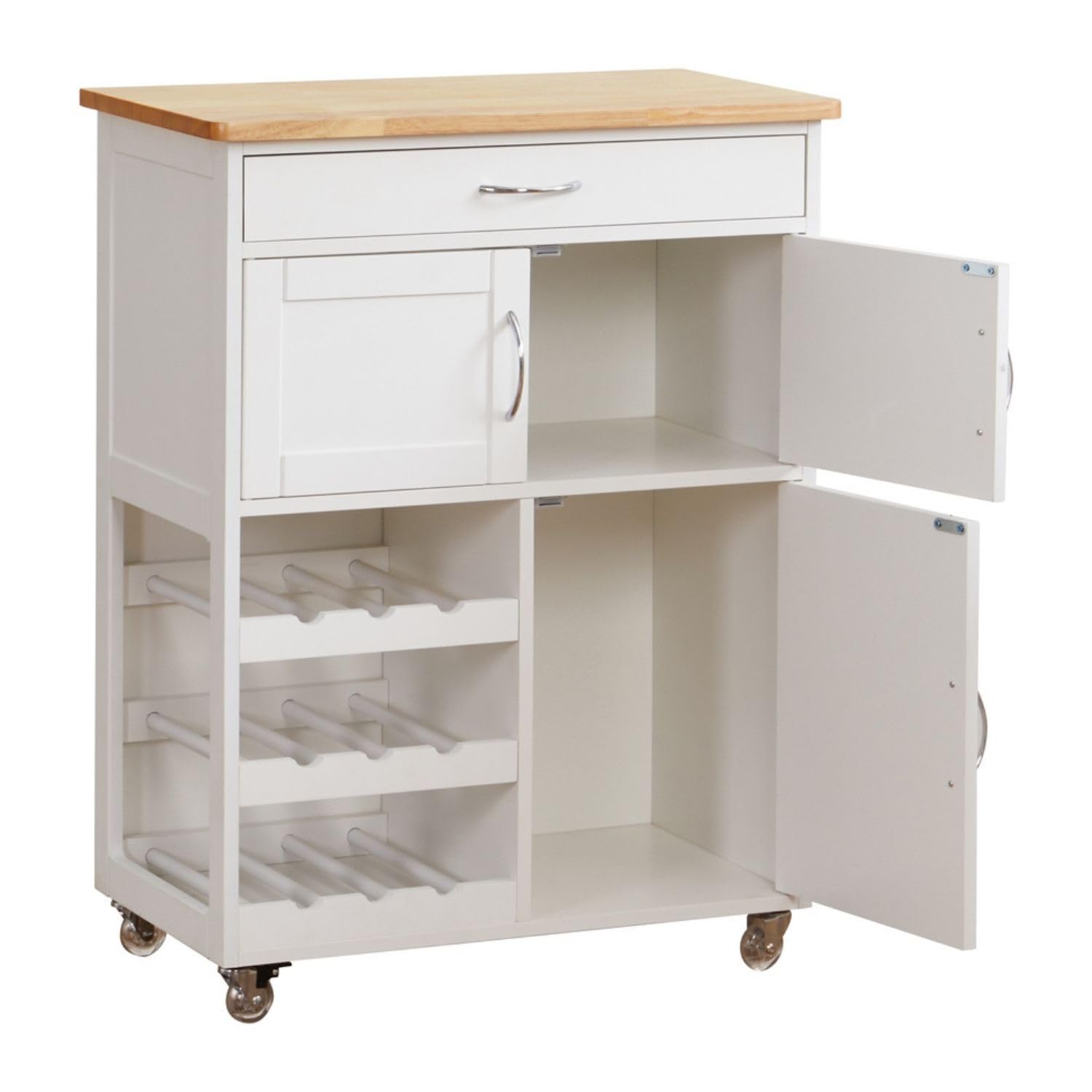 Brigros WeHome - Carrello Cucina Legno Febe, Credenza Bianca 67x36x87 Cm Con 1 Cassetto, 3 Ante, 3 Ripiani Portabottiglie, Mobile Cucina Con Ruote E Piano In Legno Rovere (Bianco)