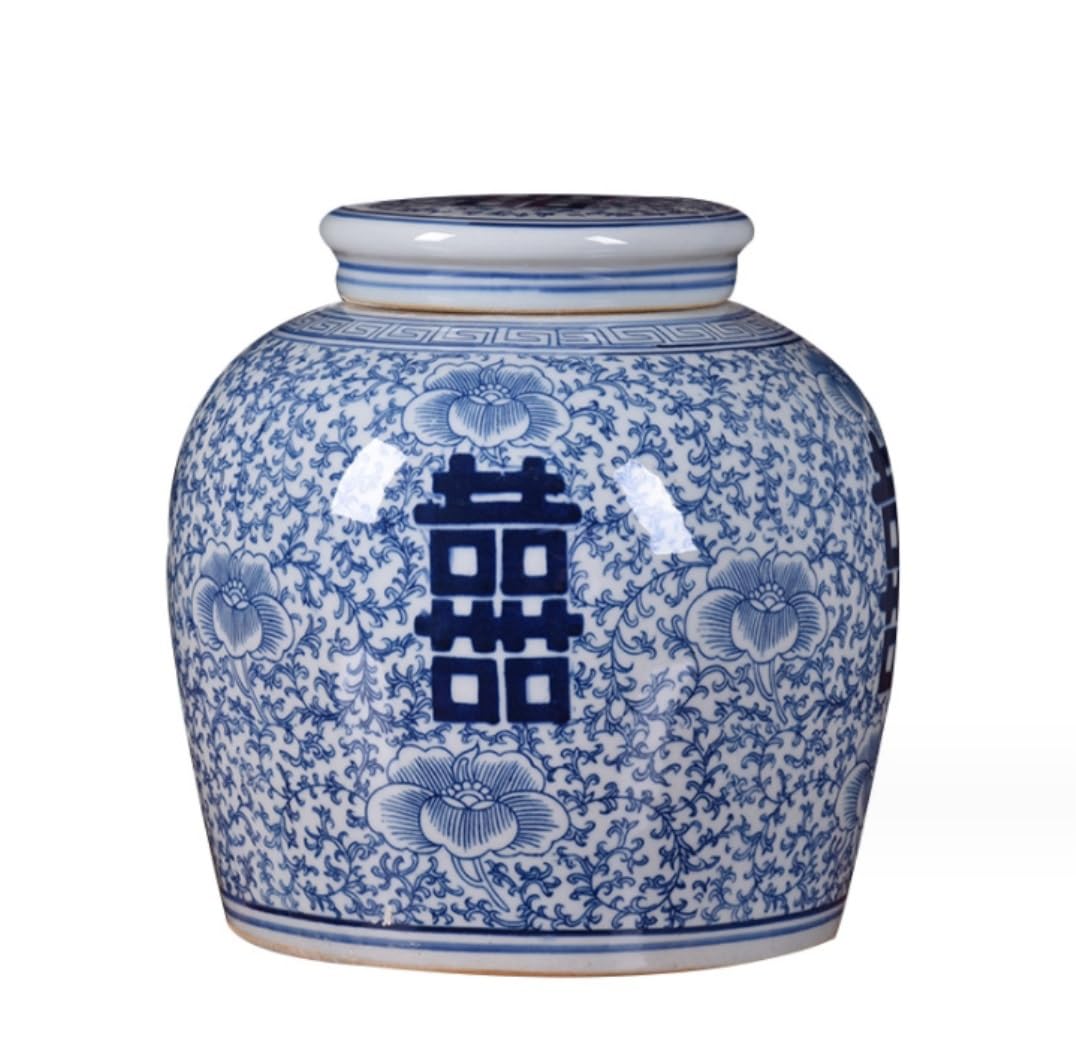 Ingwerglas Blaue Und Weiße Porzellan-dekorative Keramikknospenvase Double Happiness, Flache Oberseite Mit Deckel, Ingwerglas Tempelglas