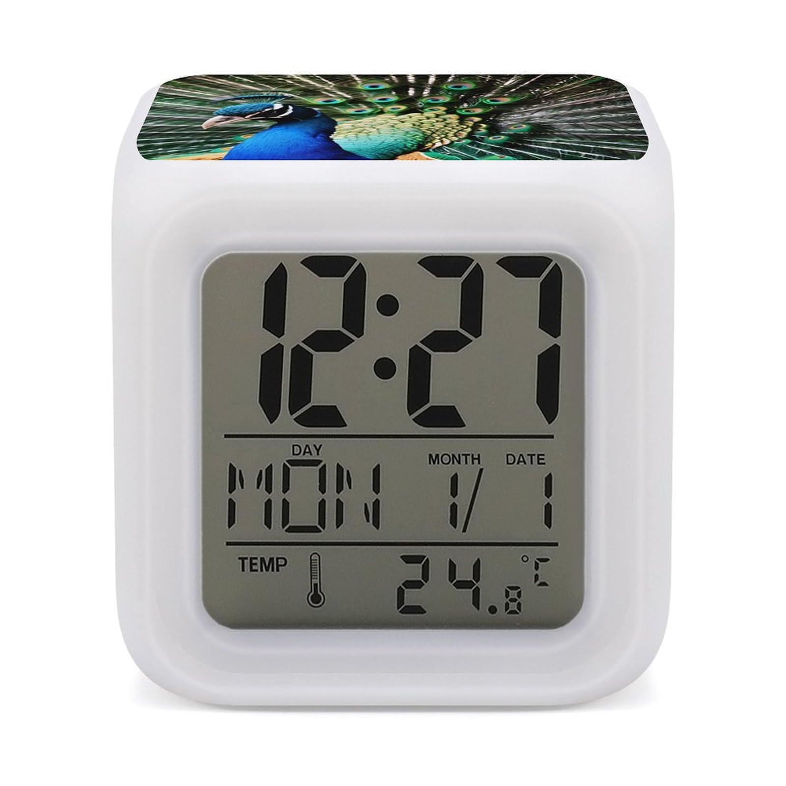 JTREHY Peacock Alarm Clock Seven Color Night Light Digital Clock Precision Reliable Alarms Clocks for Bedroom Heavy Sleepers Adults Gift for Men and Women