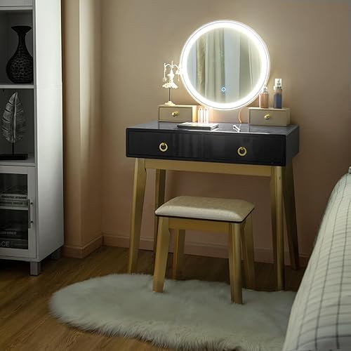 Miniatura 8 de CHARMAID Vanity Desk with Lighted Mirror, Black Makeup Vanity Table with 4 Storage Drawers, 3 Lighting Modes, Solid Wood Legs, Modern Dressing Table