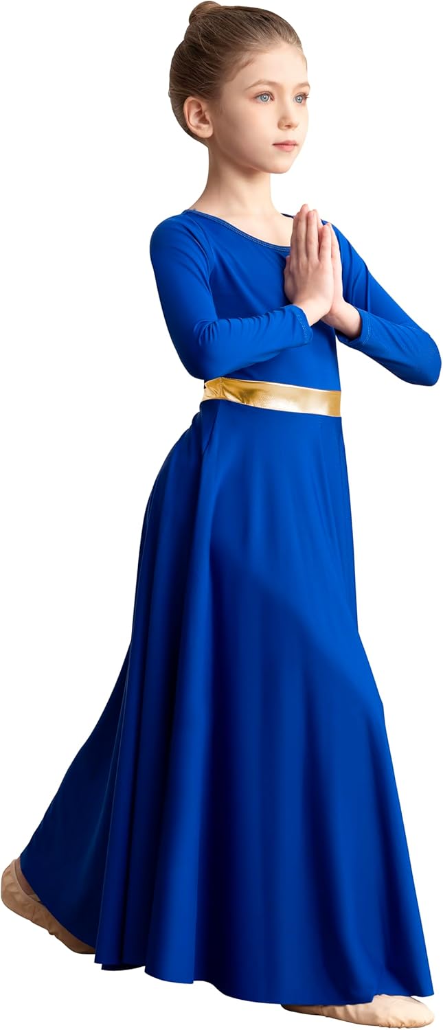 Girls Praise Dance Dress Long Sleeve Liturgical Metallic Church Robe - Image 2