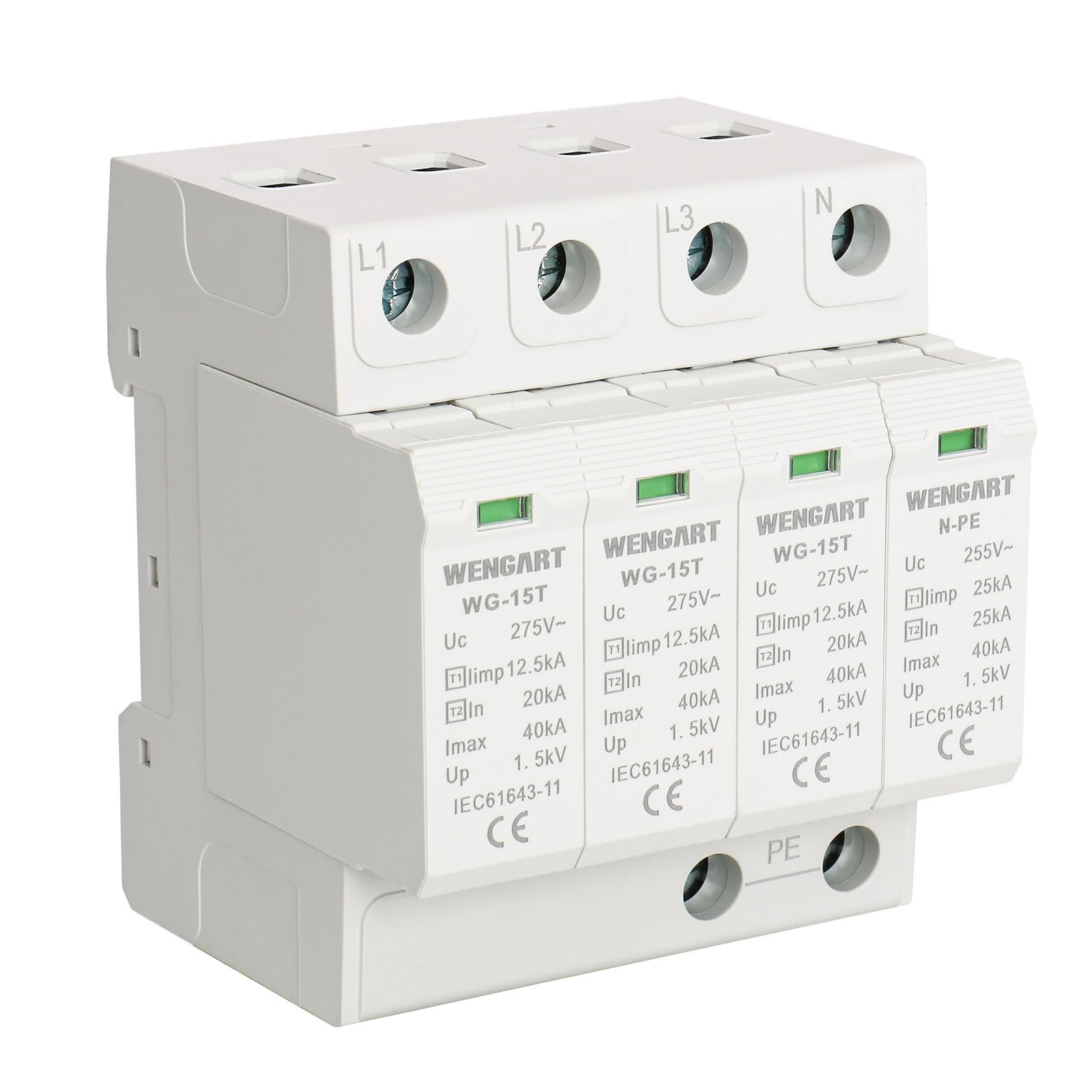 Wengart Scaricatore di Sovratensione AC SPD 3+NPE, Classe T1+T2 Combinato (Tipo 1 e 2), Iimp 12.5kA / Imax 40kA, Protezione Fulmini e Picchi di Tensione, Montaggio su Guida DIN, WG-15T