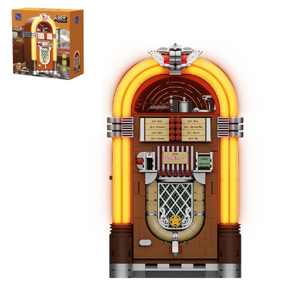 PAN TASY Retro Jukebox Building Kit with Coin & Sound Function, Mechanical Music Box Model with Acrylic Records, Recording Studio & Minifigure, Collectible Construction Toy Gift for Adults and Teens