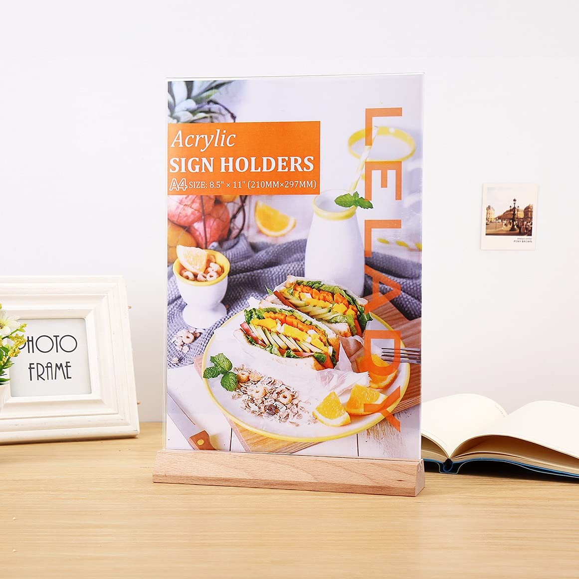 Acrylic Sign Holder A4 * 6 Pack (Wood Base), A4 DoubleSide Ads Sign