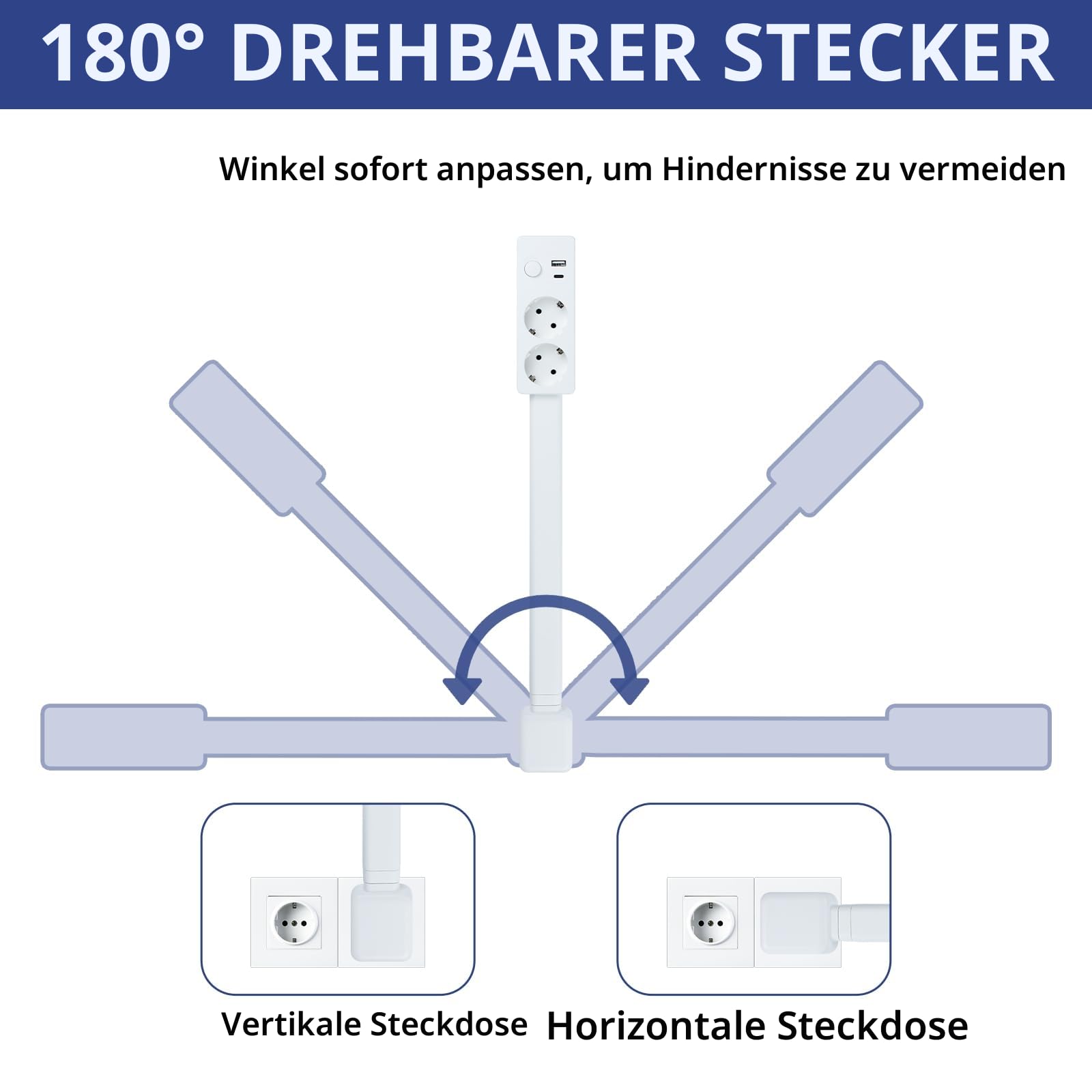 Steckdosenverlängerung mit USB-A-, USB-C- und 2 AC-Steckdosen, Wandsteckdosen-Erweiterungsstift, ausziehbarer, drehbarer Steckdosenadapter für Nachttische, Sofas, Schreibtische und andere schwer zugän