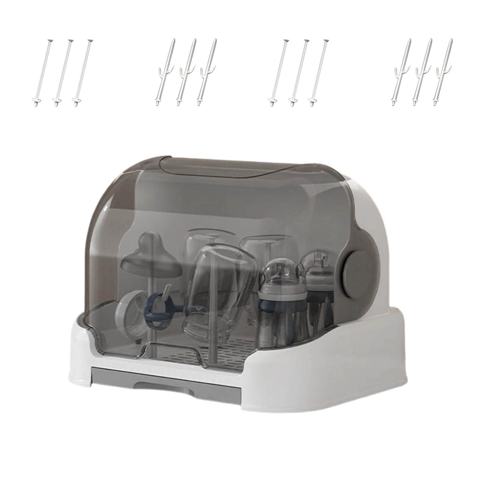 Large Baby Bottle Storage Box, Sterilised Bottle Storage, Dustproof Portable Infant Feeding Storage Boxs, Baby Bottle Drying Rack with Cover and Removable Drain Tray for Bottles, Teats (Grey, Large)