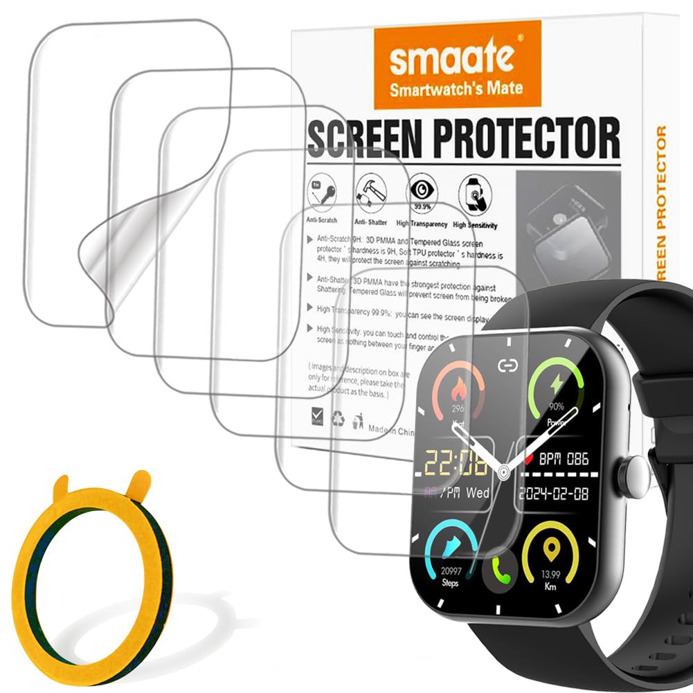 Screen Protector Compatible with Matast, zakotu,Jugeman, Coucur Y66 1.96 inches Smart Watch, Soft TPU, 6-pack, Full Coverage, Bubble Self-healing, with Non-slip Pad Sticker