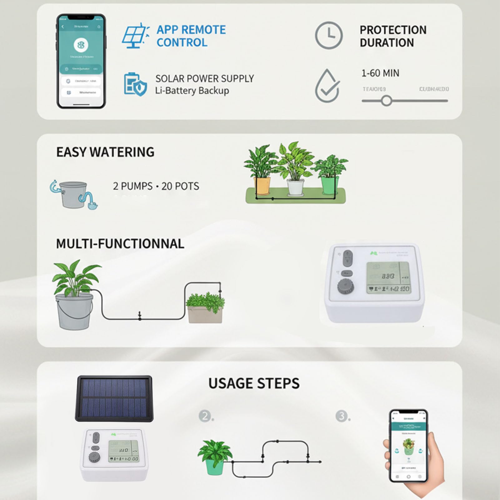 Kit di Irrigazione Solare a Goccia, di Irrigazione Automatico a Goccia in ABS con 2 Pompe per 20 Vasi, di Intelligente 3600mAh per Piante da Balcone, Giardino, Patio