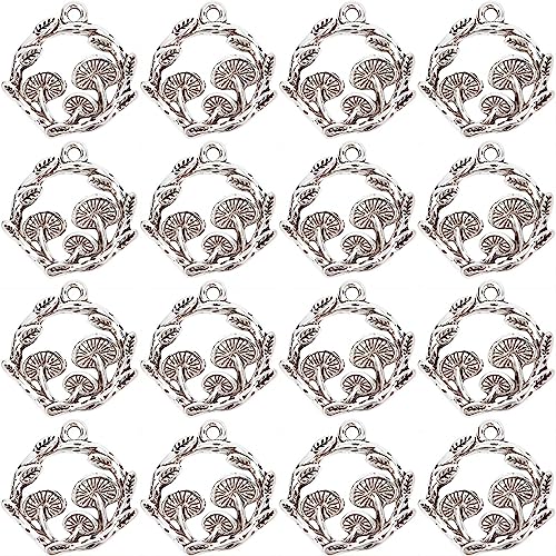SUNNYCLUE 1 Box 50Pcs Mushroom Charms Bulk Mushrooms Charms Tibetan Style Antique Silver Charm Magic Plants Flat Round Mushroom Charm Leaf Charm for jewellery Making Charms Necklace Keychain Supplies