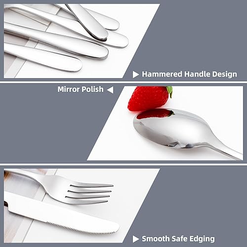 Miniatura 12 de Juego de cubiertos martillados, 40 piezas de acero inoxidable pulido de espejo resistente, juego de cubiertos para 8 plateado,Plata