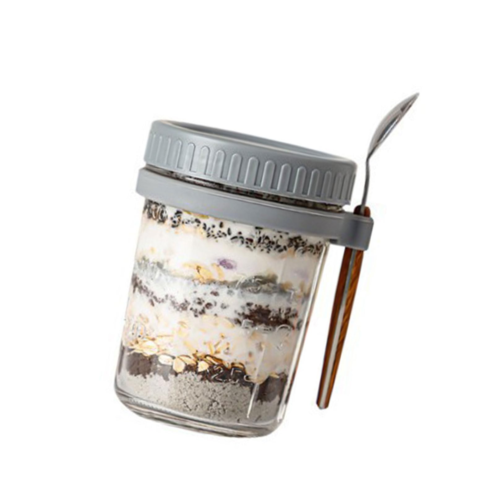 Veltros Glass Storage Jar with Cover and Spoon for Oatmeal Fruits and Nut Elegant Overnight Oats Jar Impermeable Glass Cup with Hanging Spoon